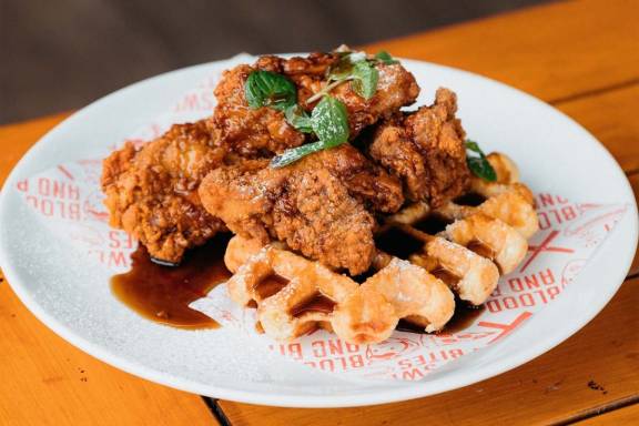 Sweat Shop Brew Kitchen fried chicken and waffles