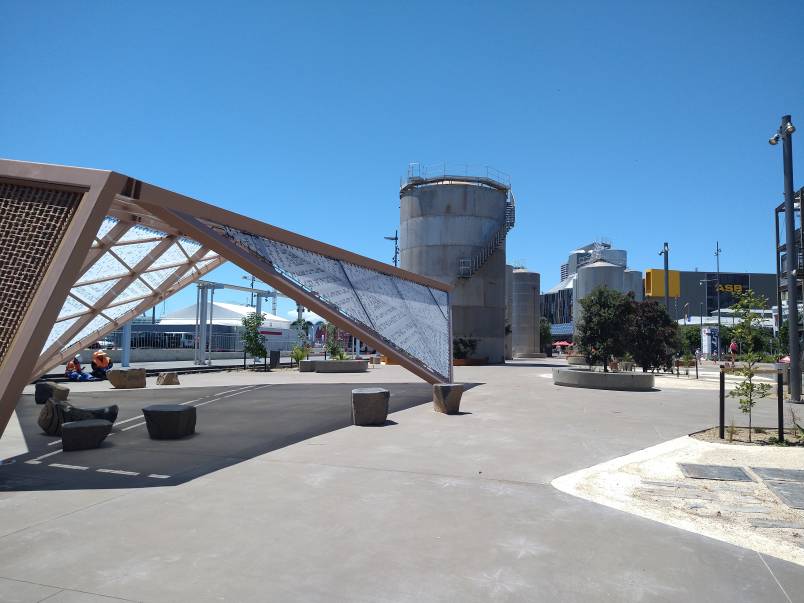 Te Nukuao pavilion at Silo Park, a waka-inspired shade structure designed by Tessa Harris.